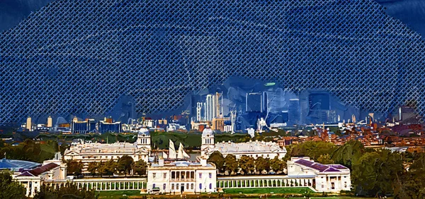 그리니치 천문대의 하우스와 그리니치 미술관과 배경에 보이는 런던도 지역의 스카이라인 — 스톡 사진