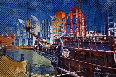 Gdansk tekneleri Motlawa 'ya ev sahipliği yapıyor. Eski model antika.