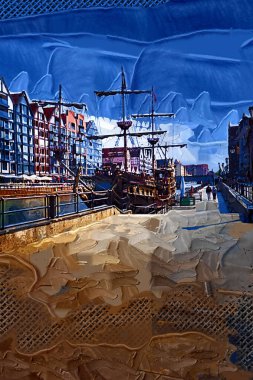 Gdansk tekneleri Motlawa 'ya ev sahipliği yapıyor. Eski model antika.