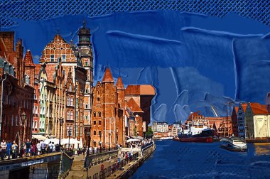 Güneş doğarken Motlawa nehrinin üzerinde güzel eski bir kasabayla Gdansk, Polonya