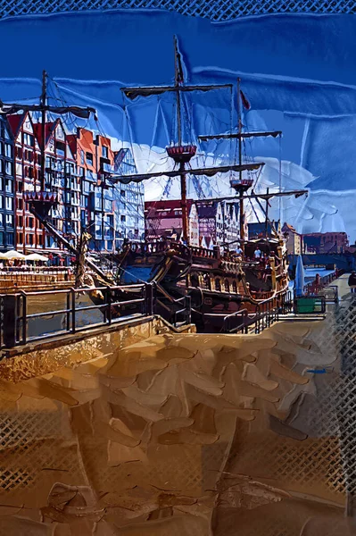 Gdansk tekneleri Motlawa 'ya ev sahipliği yapıyor. Eski model antika.