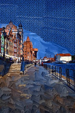 Güneş doğarken Motlawa nehrinin üzerinde güzel eski bir kasabayla Gdansk, Polonya