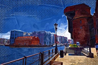 Güneş doğarken Motlawa nehrinin üzerinde güzel eski bir kasabayla Gdansk, Polonya