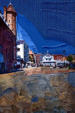 Güneş doğarken Motlawa nehrinin üzerinde güzel eski bir kasabayla Gdansk, Polonya