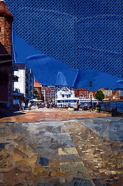 Güneş doğarken Motlawa nehrinin üzerinde güzel eski bir kasabayla Gdansk, Polonya