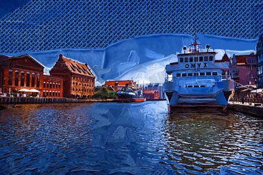 Güneş doğarken Motlawa nehrinin üzerinde güzel eski bir kasabayla Gdansk, Polonya