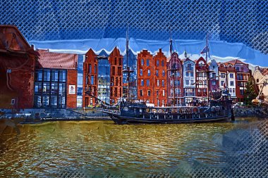 Güneş doğarken Motlawa nehrinin üzerinde güzel eski bir kasabayla Gdansk, Polonya