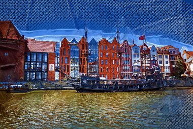 Güneş doğarken Motlawa nehrinin üzerinde güzel eski bir kasabayla Gdansk, Polonya