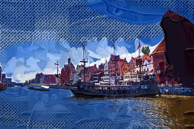 Güneş doğarken Motlawa nehrinin üzerinde güzel eski bir kasabayla Gdansk, Polonya