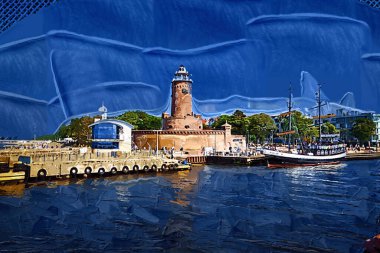 El çizimi suluboya deniz feneri illüstrasyon sanat klasiği çizimi