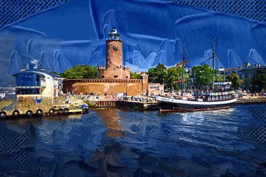 El çizimi suluboya deniz feneri illüstrasyon sanat klasiği çizimi