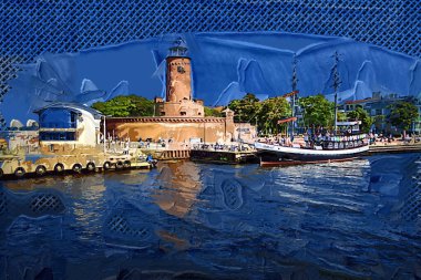 El çizimi suluboya deniz feneri illüstrasyon sanat klasiği çizimi