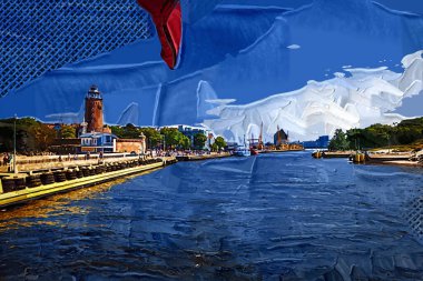 Kolobrzeg yelkenli tekneleri rıhtıma, liman sanat illüstrasyonunun antika eskilerine yerleştirildi.