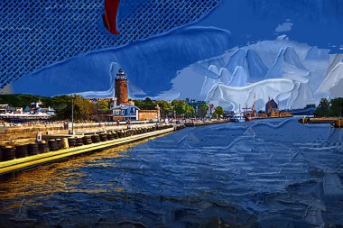 Kolobrzeg yelkenli tekneleri rıhtıma, liman sanat illüstrasyonunun antika eskilerine yerleştirildi.