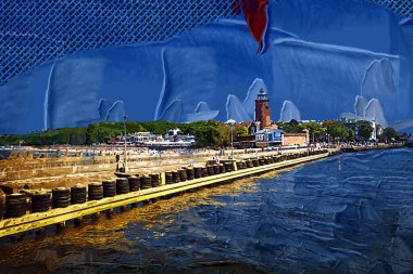 Kolobrzeg yelkenli tekneleri rıhtıma, liman sanat illüstrasyonunun antika eskilerine yerleştirildi.