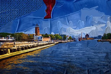 Kolobrzeg yelkenli tekneleri rıhtıma, liman sanat illüstrasyonunun antika eskilerine yerleştirildi.