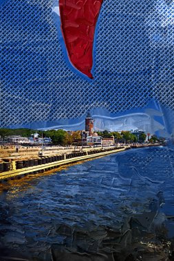 Kolobrzeg yelkenli tekneleri rıhtıma, liman sanat illüstrasyonunun antika eskilerine yerleştirildi.