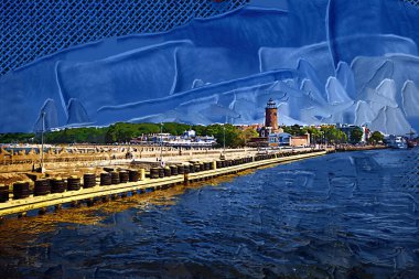 Kolobrzeg yelkenli tekneleri rıhtıma, liman sanat illüstrasyonunun antika eskilerine yerleştirildi.