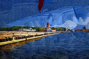 Kolobrzeg yelkenli tekneleri rıhtıma, liman sanat illüstrasyonunun antika eskilerine yerleştirildi.