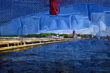 Kolobrzeg yelkenli tekneleri rıhtıma, liman sanat illüstrasyonunun antika eskilerine yerleştirildi.