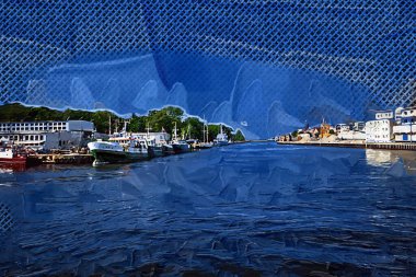 Kolobrzeg yelkenli tekneleri rıhtıma, liman sanat illüstrasyonunun antika eskilerine yerleştirildi.