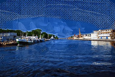 Kolobrzeg yelkenli tekneleri rıhtıma, liman sanat illüstrasyonunun antika eskilerine yerleştirildi.