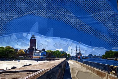 Kolobrzeg yelkenli tekneleri rıhtıma, liman sanat illüstrasyonunun antika eskilerine yerleştirildi.