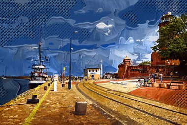 Kolobrzeg yelkenli tekneleri rıhtıma, liman sanat illüstrasyonunun antika eskilerine yerleştirildi.