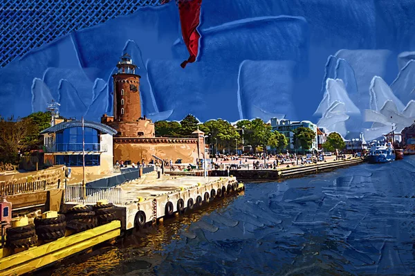 El çizimi suluboya deniz feneri illüstrasyon sanat klasiği çizimi