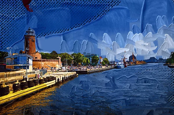 El çizimi suluboya deniz feneri illüstrasyon sanat klasiği çizimi