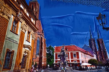 Wroclaw, Polonya 'da belediye binası ile pazar meydanı sabah erken saatlerde. Renkli şehir kavramı.