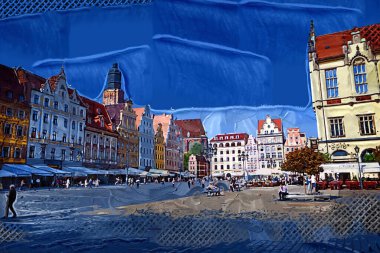 Wroclaw, Polonya 'da belediye binası ile pazar meydanı sabah erken saatlerde. Renkli şehir kavramı.