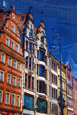 Wroclaw, Polonya 'da belediye binası ile pazar meydanı sabah erken saatlerde. Renkli şehir kavramı.