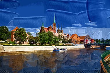 Wroclaw, Poland- Ostrow Tumski 'nin tarihi ve tarihi kısmının Panoraması