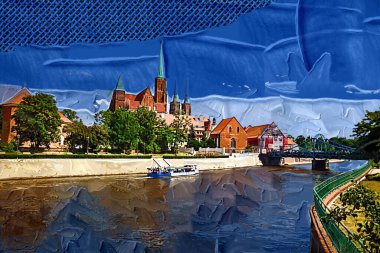 Wroclaw, Poland- Ostrow Tumski 'nin tarihi ve tarihi kısmının Panoraması