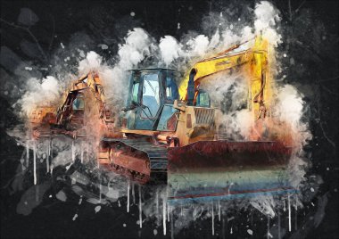 Buldozer illüstrasyon renk sanat grunge vintage çizim