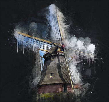 Eski yel değirmeni antika çizim sanatı