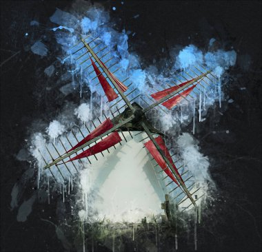 Eski yel değirmeni antika çizim sanatı