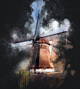 Eski yel değirmeni antika çizim sanatı