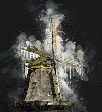 Eski yel değirmeni antika çizim sanatı