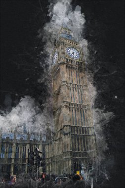 Londra 'nın büyük Ben sanat eseri çizimi, çizim, eğlenceli tasarım, antika retro