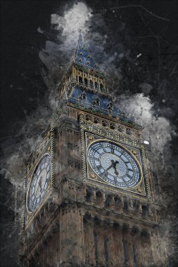 Londra 'nın büyük Ben sanat eseri çizimi, çizim, eğlenceli tasarım, antika retro