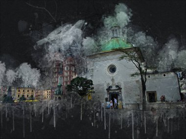 Eski şehir Krakow sanat illüstrasyonları antika