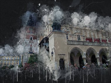 Eski şehir Krakow sanat illüstrasyonları antika