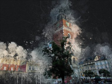 Eski şehir Krakow sanat illüstrasyonları antika