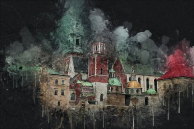 Eski şehir Krakow sanat illüstrasyonları antika