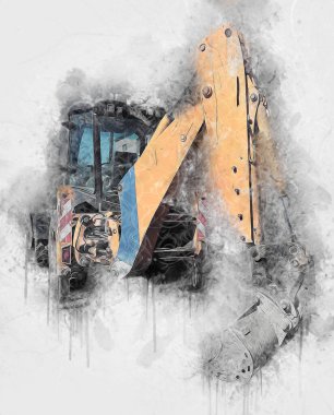 Kazı makinesi traktör çizimi rengi izole edilmiş antika sanat eserleri