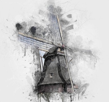 Eski yel değirmeni antika çizim sanatı