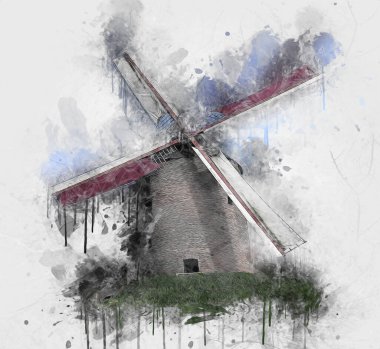Eski yel değirmeni antika çizim sanatı