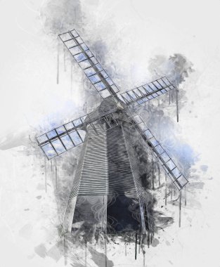 Eski yel değirmeni antika çizim sanatı